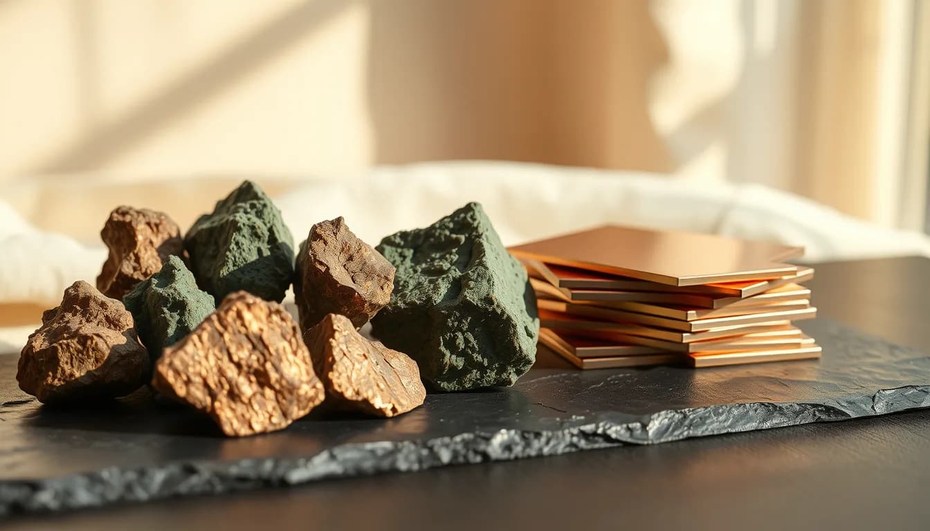Raw copper ore chunks with green patina next to polished copper sheets on a dark stone surface.