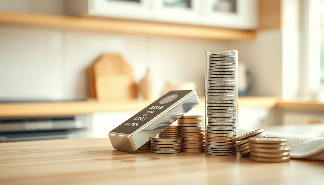 Silver bars and a tube of silver coins on a counter