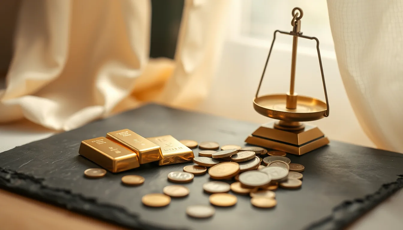 Three polished gold bars and a scatter of gold and silver coins on a dark slate board, with a brass balance scale beside them.