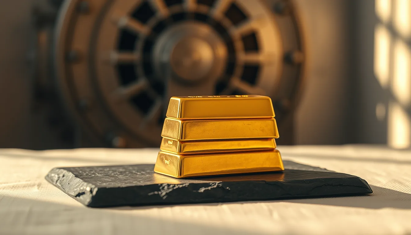 Stacked plain gold bars on a dark stone surface with a blurred vault door behind them