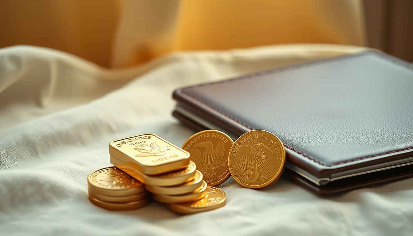 Gold bars and coins beside a leather folio