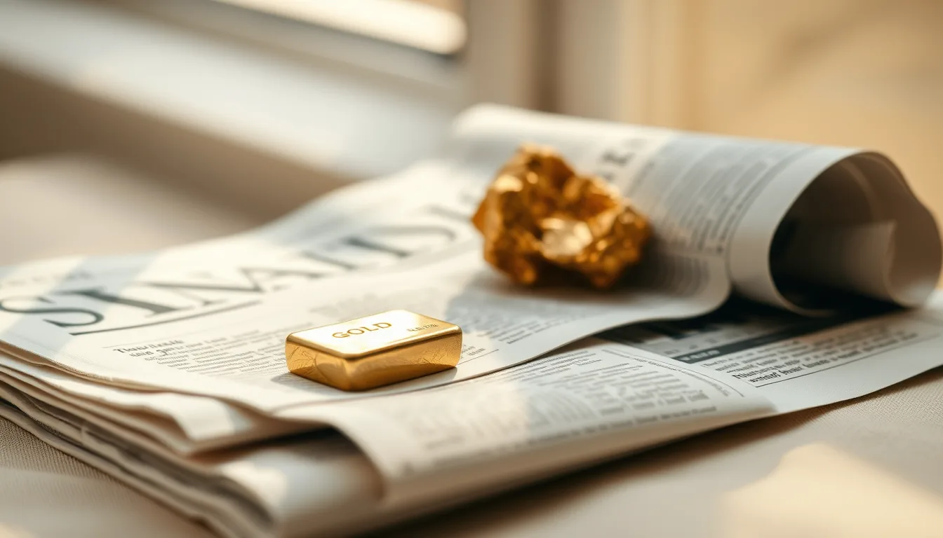 A gold nugget and gold bar on a newspaper