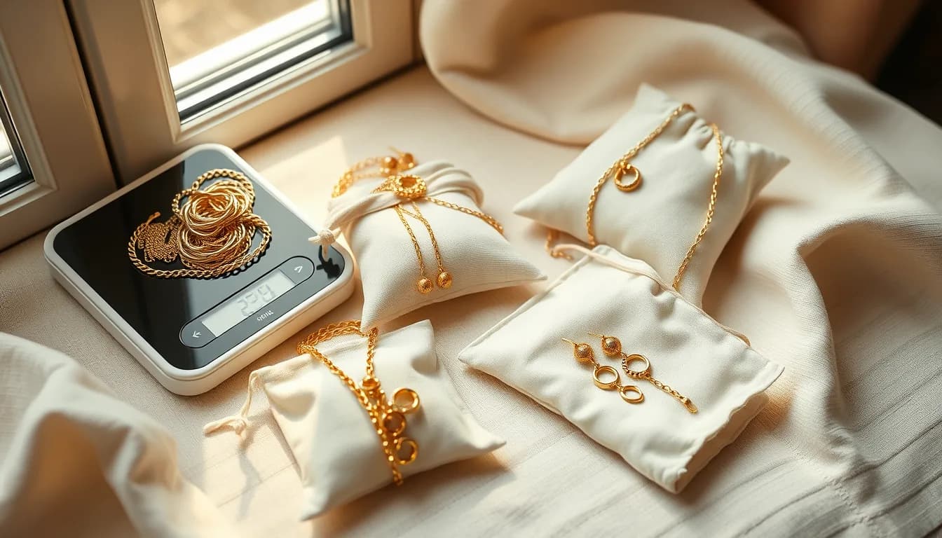Gold jewelry sorted by karat beside a jewelry scale