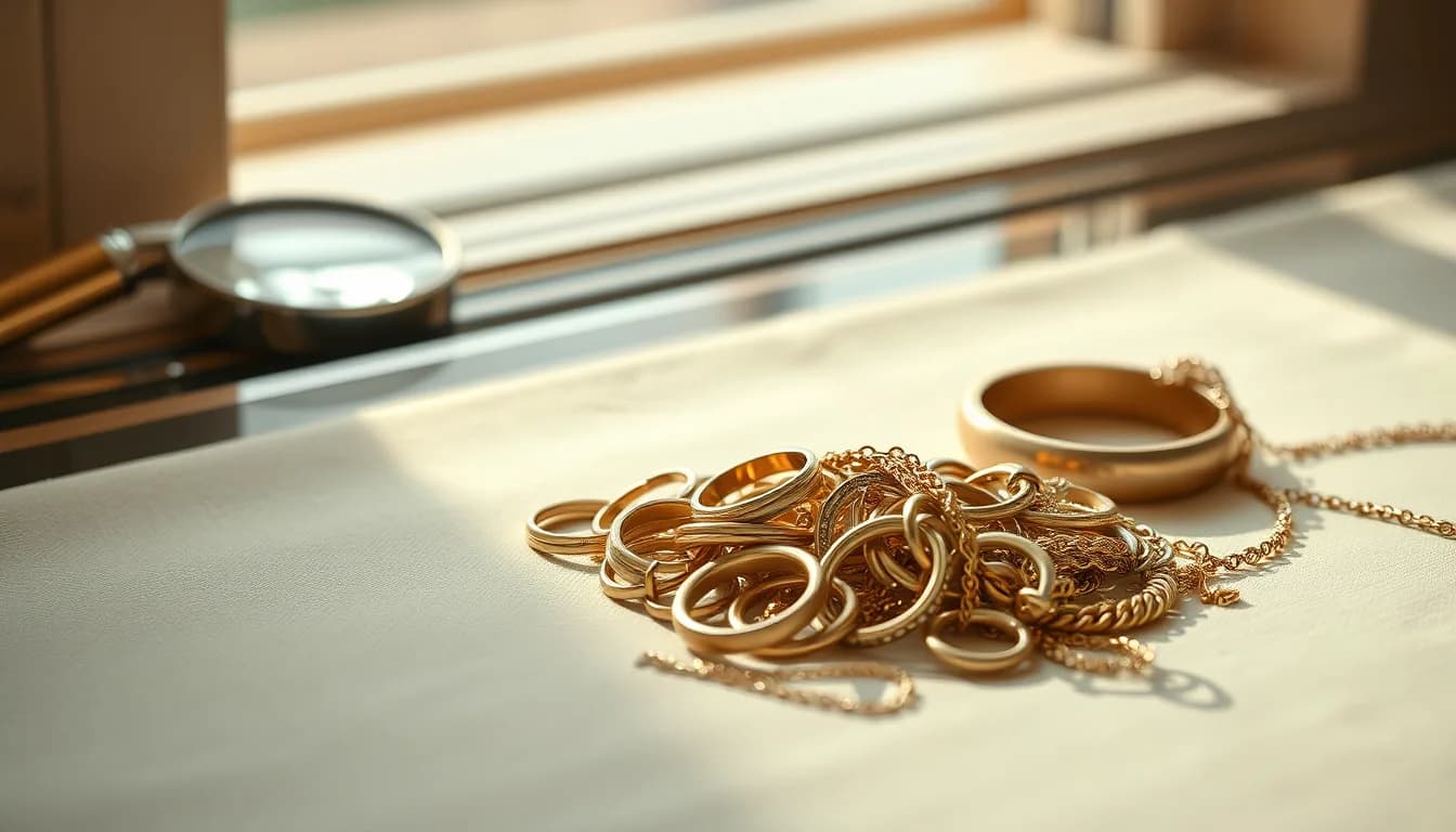 Gold rings and chains on a jeweler's counter with a loupe