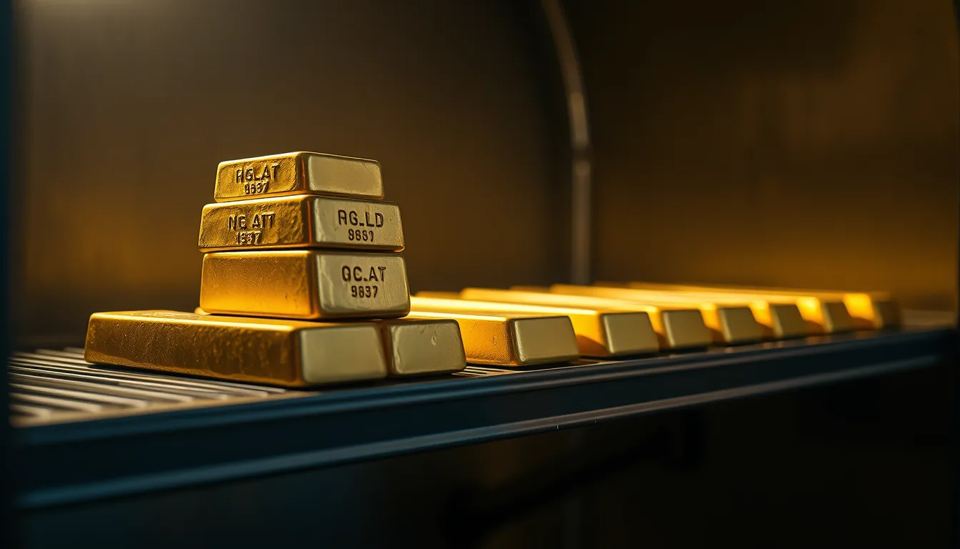 A neat stack of plain, unstamped cast gold ingots resting on a steel shelf inside a dimly lit vault, with cool light glinting off their edges.