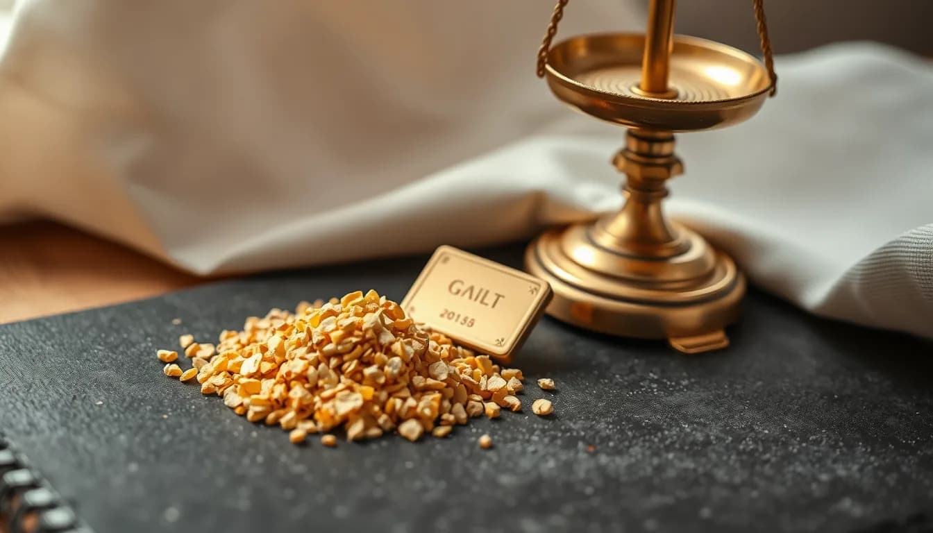 A small pile of raw gold grains beside a plain unstamped gold ingot and a brass balance scale on a dark slate surface, lit by soft side lighting.