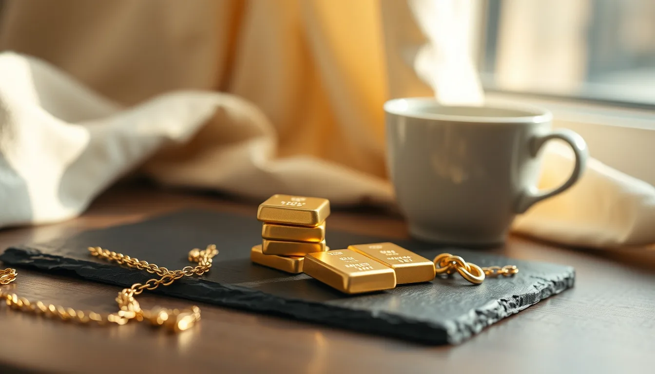 A small stack of plain unmarked gold bars beside a few loose gold chain links on a dark slate surface, lit by soft early-morning window light with a ceramic coffee cup in the background.
