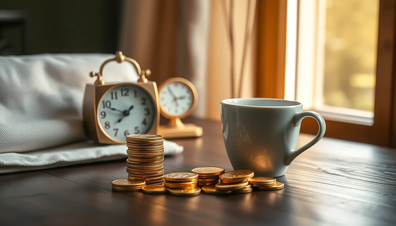 A small stack of plain unmarked gold ingots beside a brass desk calendar weight and a ceramic coffee cup on a dark walnut desk in soft early-morning window light.