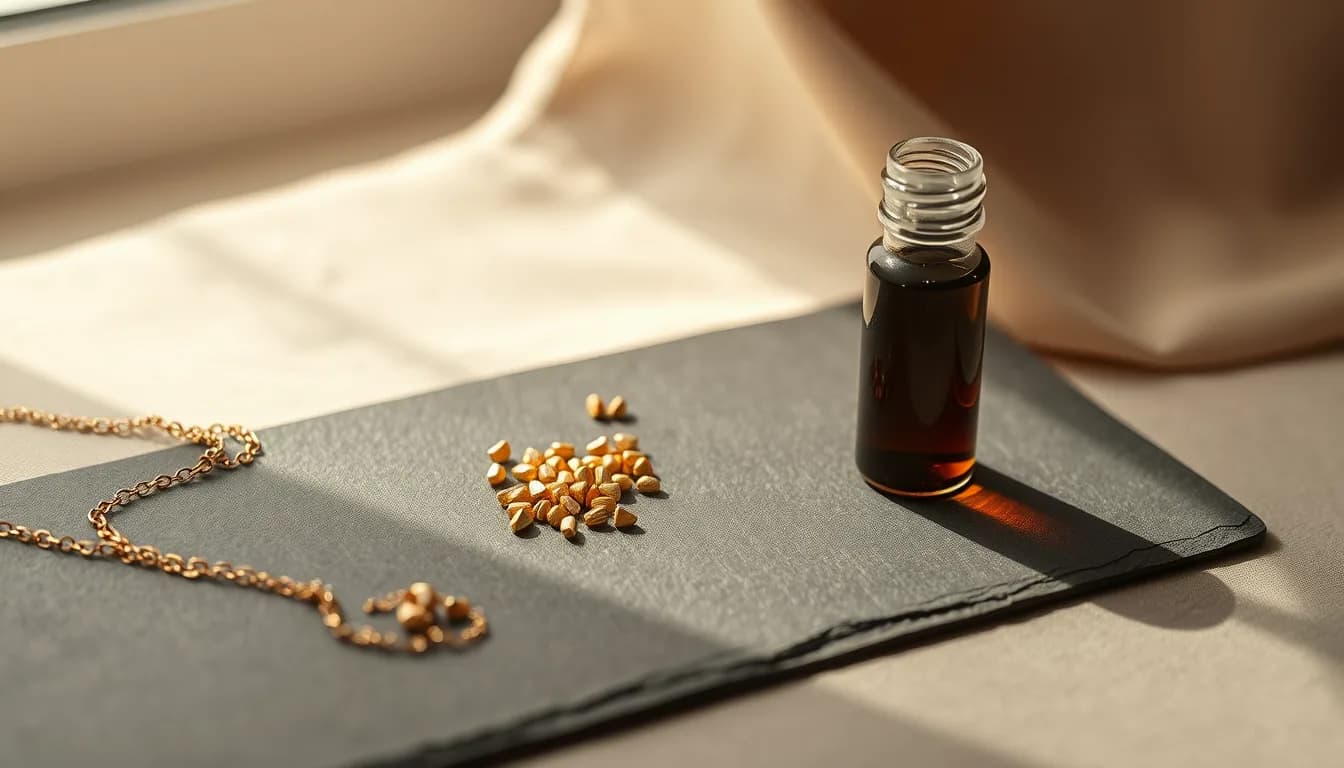 A plain gold chain and loose unmarked gold granules beside a small glass vial of dark crude oil on a matte slate surface under soft, low side lighting.