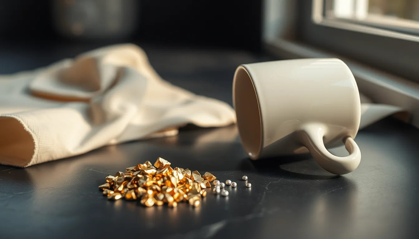 A small pile of unmarked gold nuggets and a few plain silver granules resting beside a tipped-over ceramic coffee cup on a dark slate countertop, lit by cool early-morning window light.