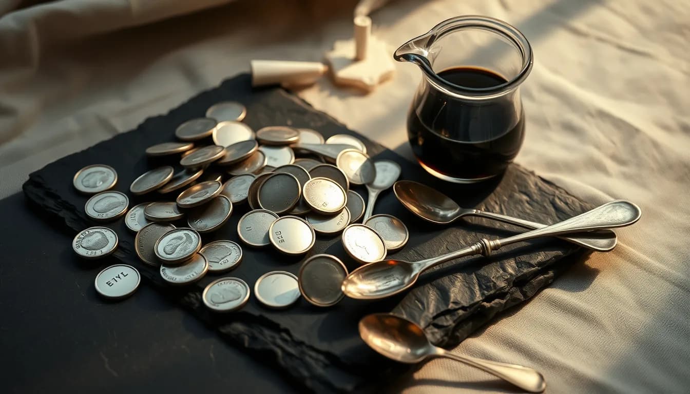 A loose pile of plain, unmarked silver rounds and a few antique silver spoons on a dark slate surface beside a small glass beaker of dark crude oil, lit by moody side lighting.